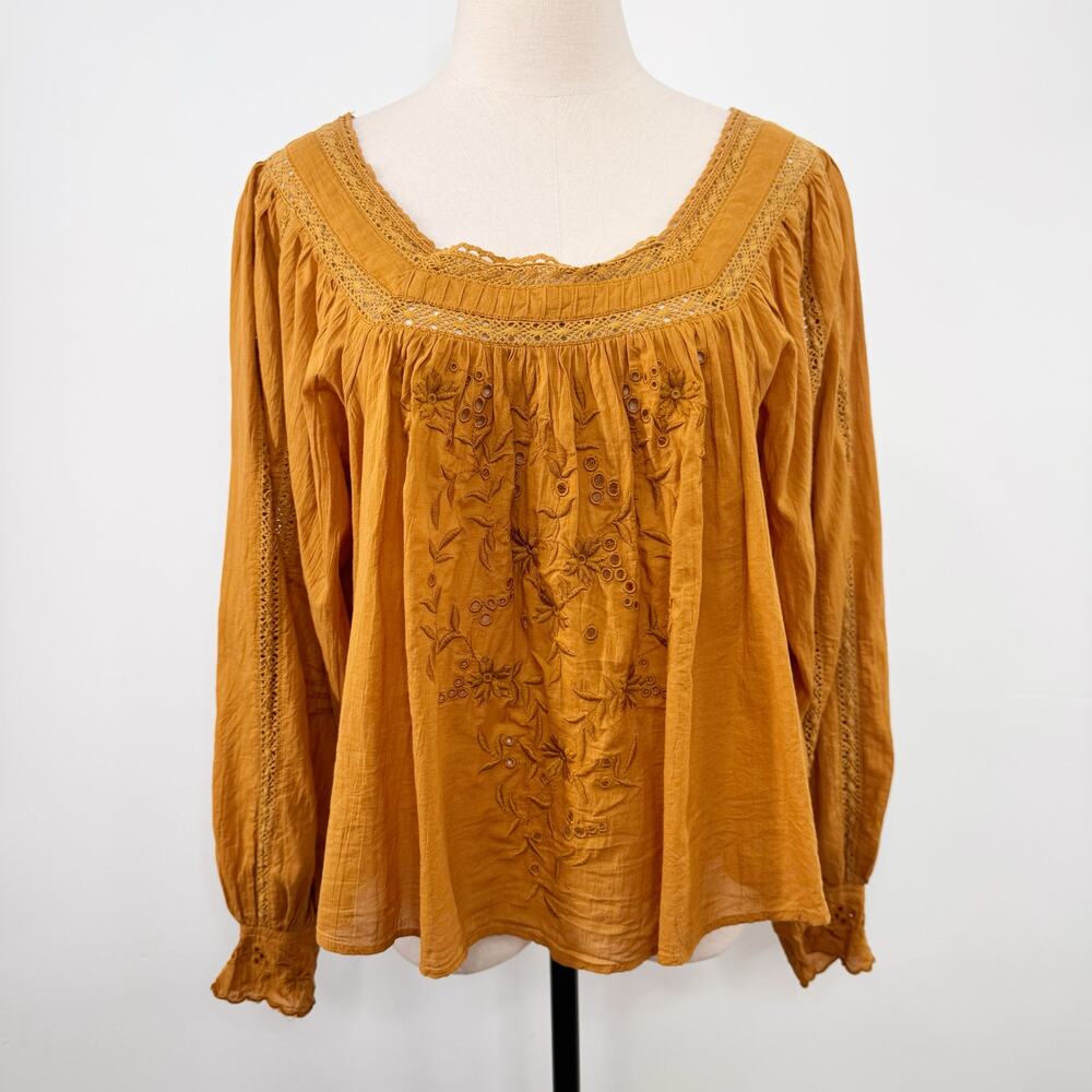 NWT Free People Faraway Fields Top Mustard Embroidered Flowy Boho Casual Size S - Picture 4 of 16
